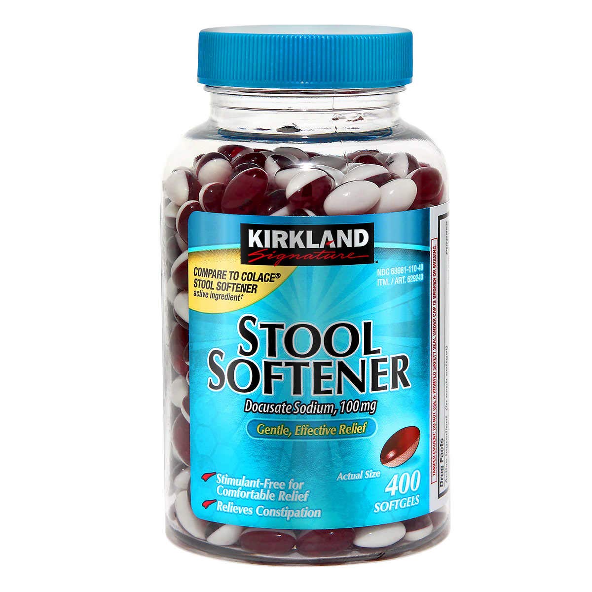 Kirkland Signature Stool Softener Docusate Sodium 100 mg 400 Softgels (Pack of 2)