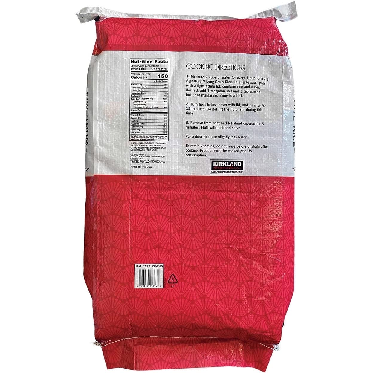 Kirkland Signature Enriched White Rice, Long Grain, 25 Pounds