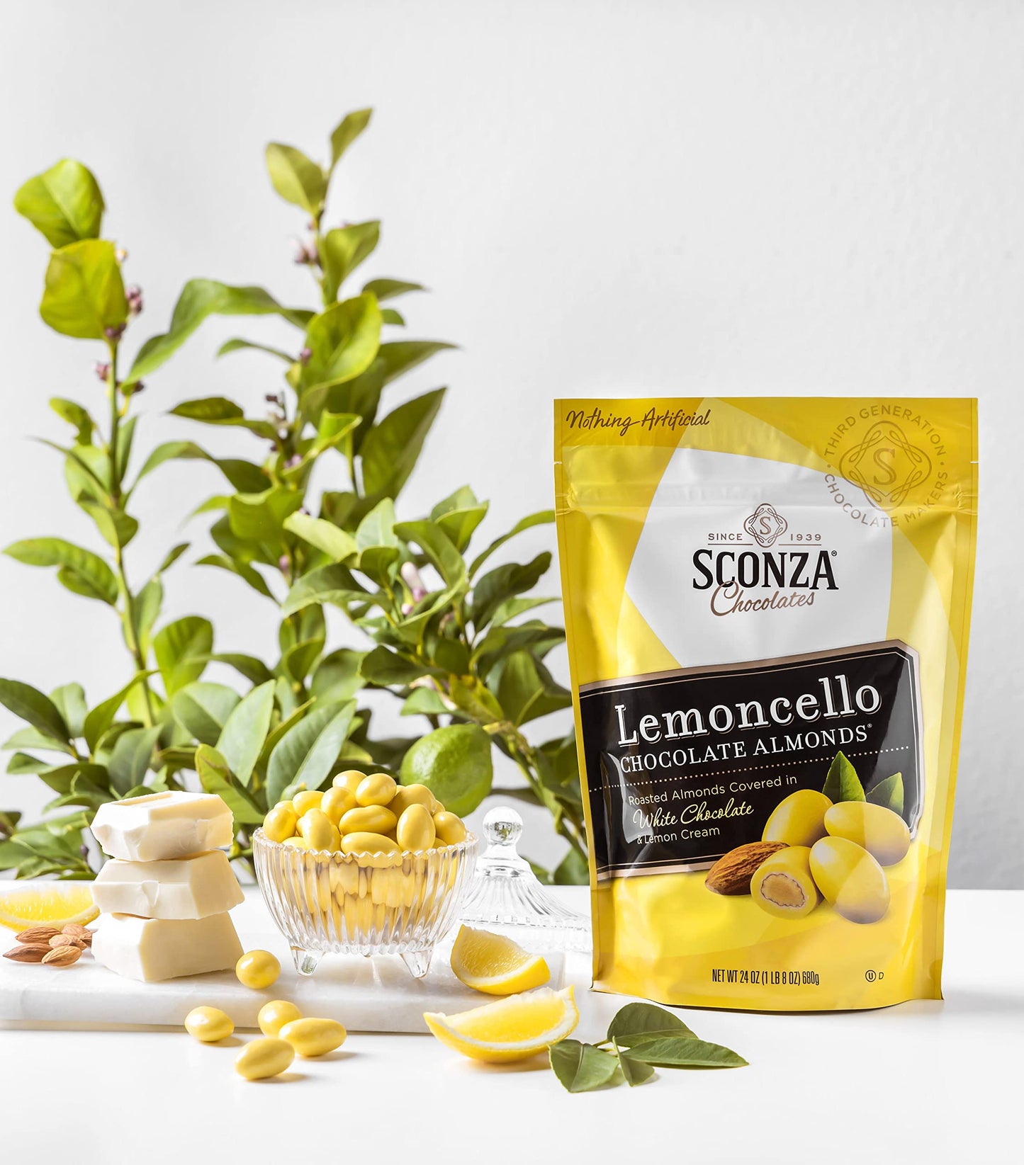 Sconza Lemoncello Lemon Cream & White Chocolate Almonds | Inspired by Italy's Lemon Groves | Made in the USA | Pack of 1 (24 Ounce)