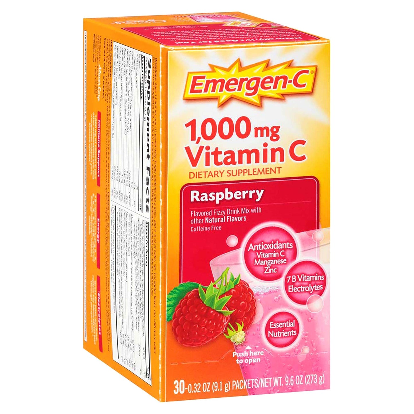 Emergen-C (30 Count, Raspberry Flavor, 1 Month Supply) Dietary Supplement Fizzy Drink Mix with 1000mg Vitamin C, 0.32 Ounce Packets, Caffeine Free