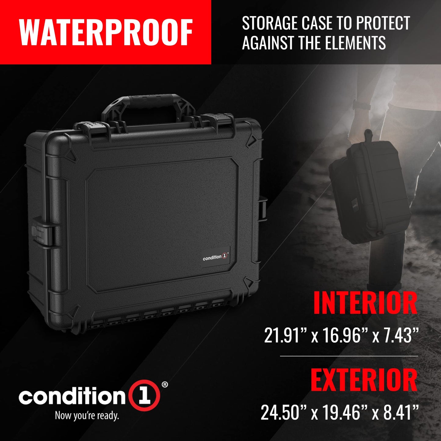 Condition 1 Large Waterproof Hard Travel Case Heavy-Duty Protective Portable Storage Box, Camera, Tool, Hunting, Military Tactical Watertight Cases, 25" x 20" x 8"#839 Black
