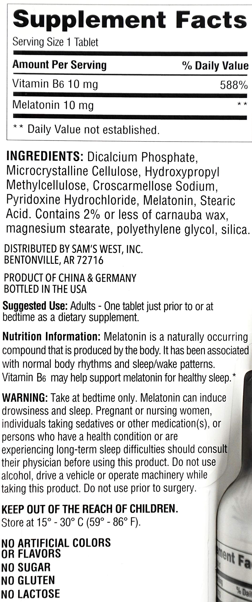 Member's Mark Melatonin 10mg with Vitamin B6, 250 Tablets