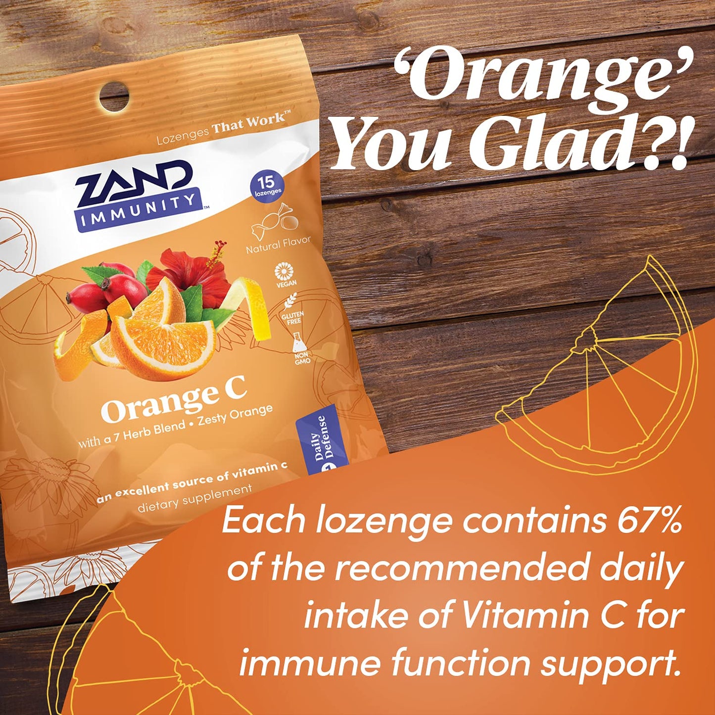 Zand Immunity Orange C HerbaLozenge | Vitamin C Throat Drops w/ Soothing Herb Extracts | Non-GMO | 15 Lozenges