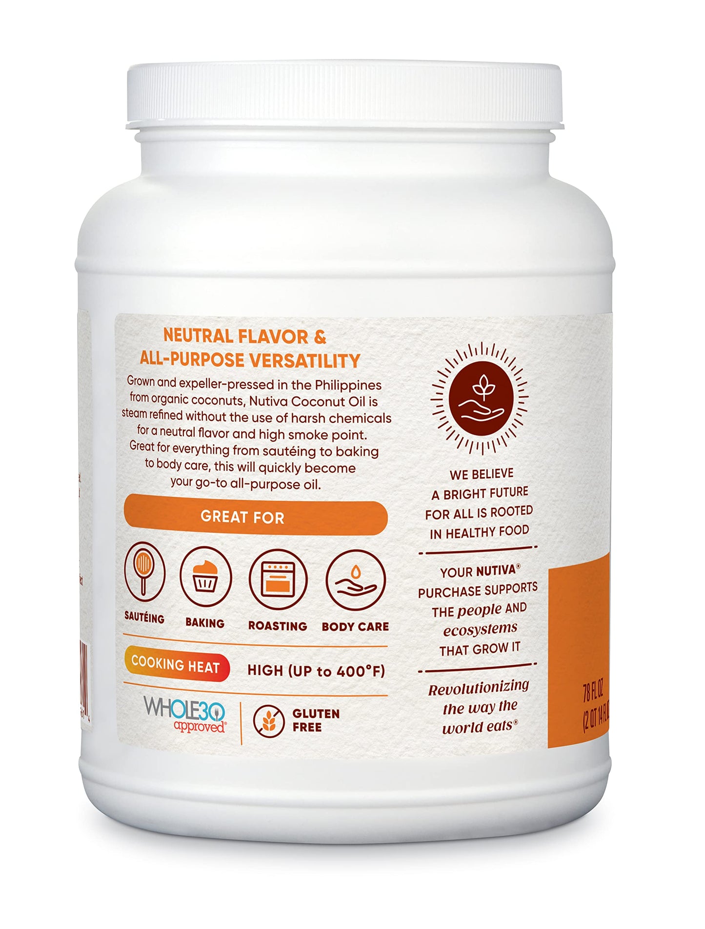 Nutiva Organic Steam-Refined Coconut Oil, 78 Fluid Ounce | USDA Organic, Non-GMO | Vegan, Keto, Paleo | Neutral Flavor and Aroma for Cooking & Natural Moisturizer for Skin and Hair