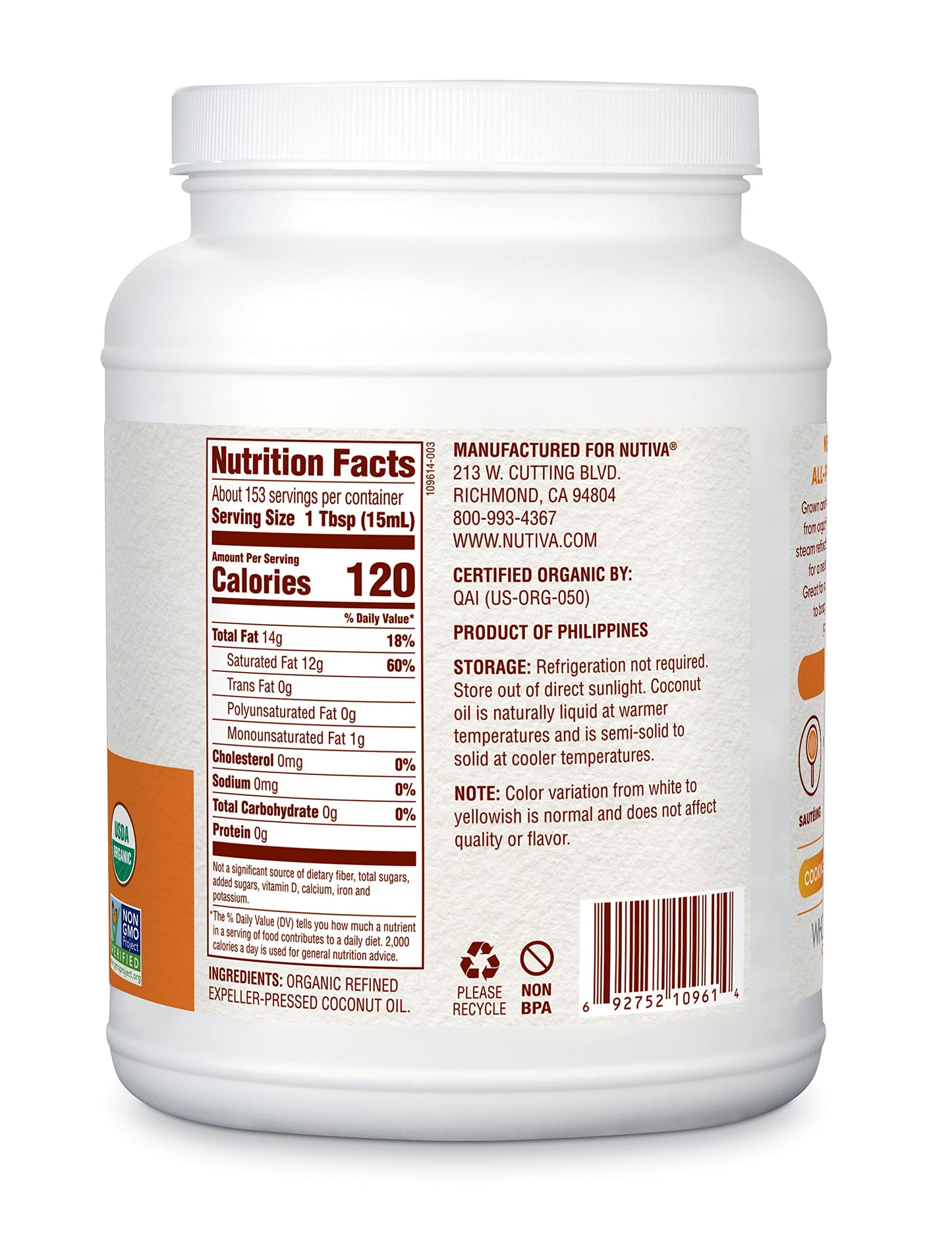Nutiva Organic Steam-Refined Coconut Oil, 78 Fluid Ounce | USDA Organic, Non-GMO | Vegan, Keto, Paleo | Neutral Flavor and Aroma for Cooking & Natural Moisturizer for Skin and Hair