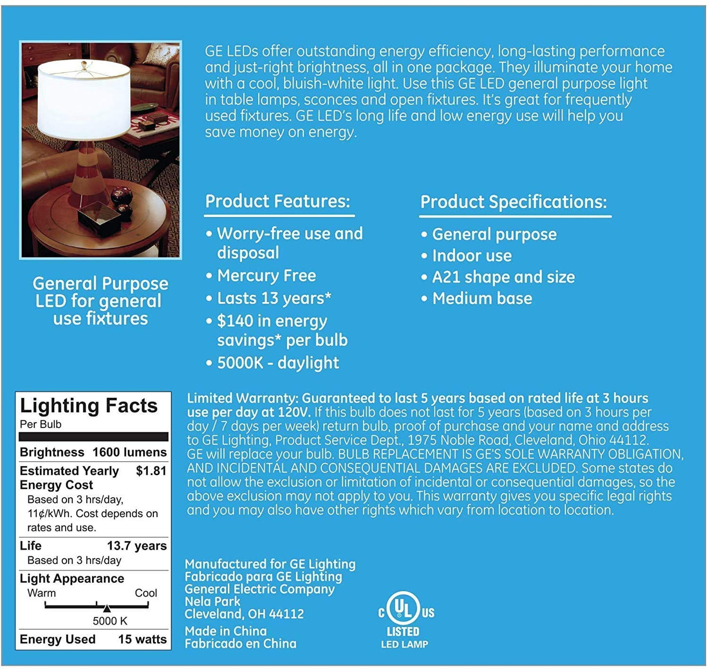 GE Daylight 100 Watt Replacement LED Light Bulbs, General Purpose, Bluish White Light Bulbs 4 Pack (Daylight, 4 Pack)