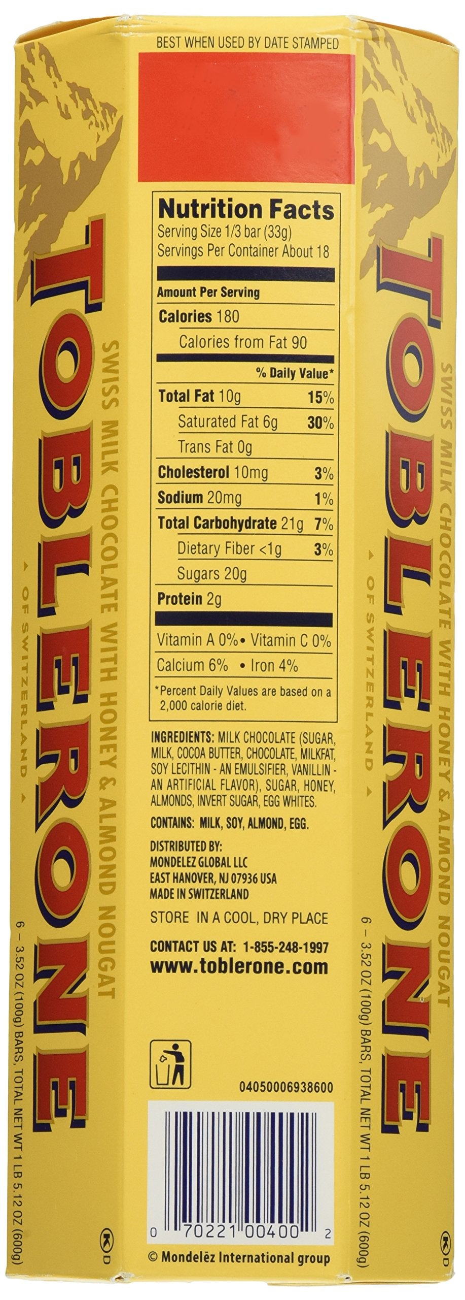 Toblerone Swiss milk chocolate with honey and Almond Nougat - 2 packs of 6 bars