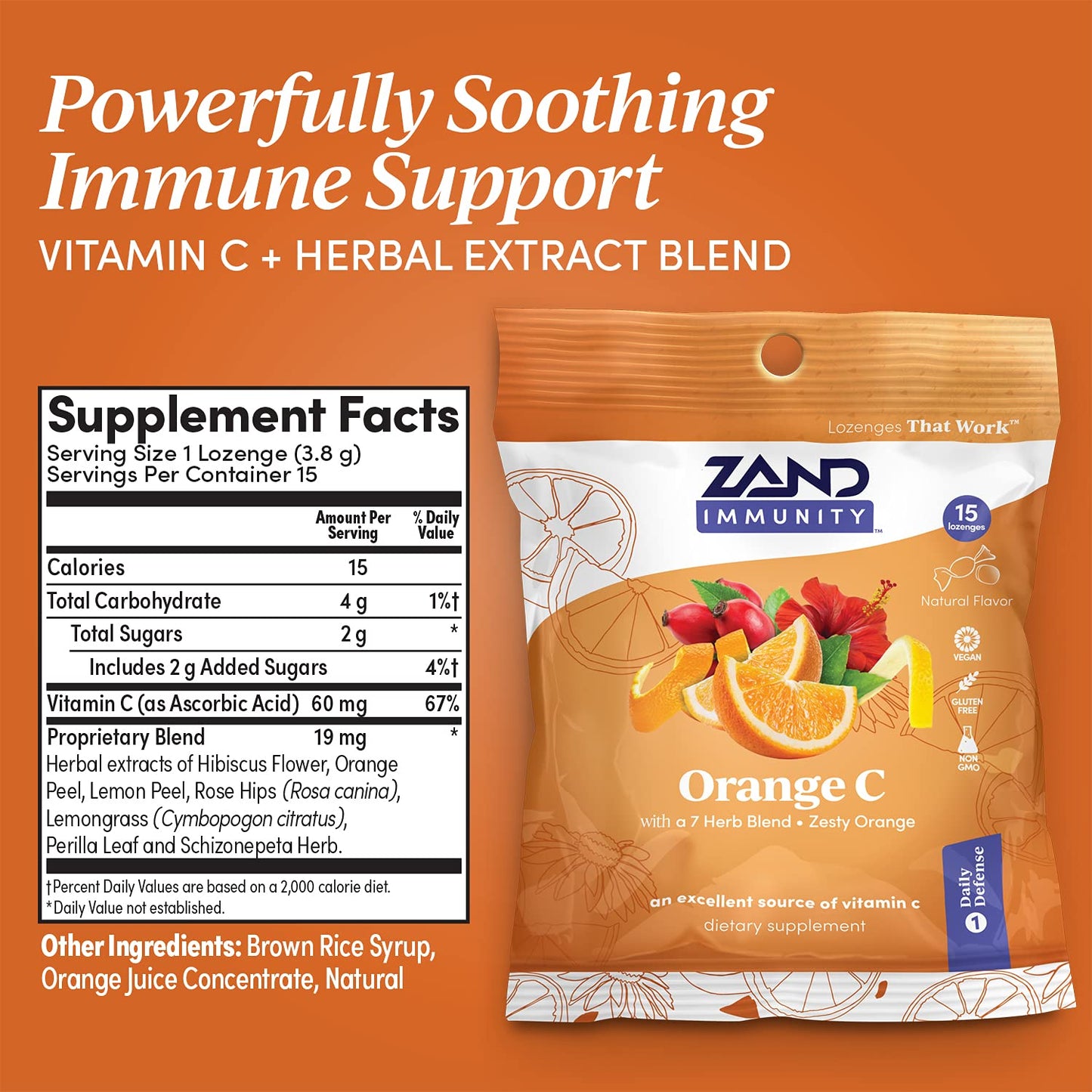 Zand Immunity Orange C HerbaLozenge | Vitamin C Throat Drops w/ Soothing Herb Extracts | Non-GMO | 15 Lozenges