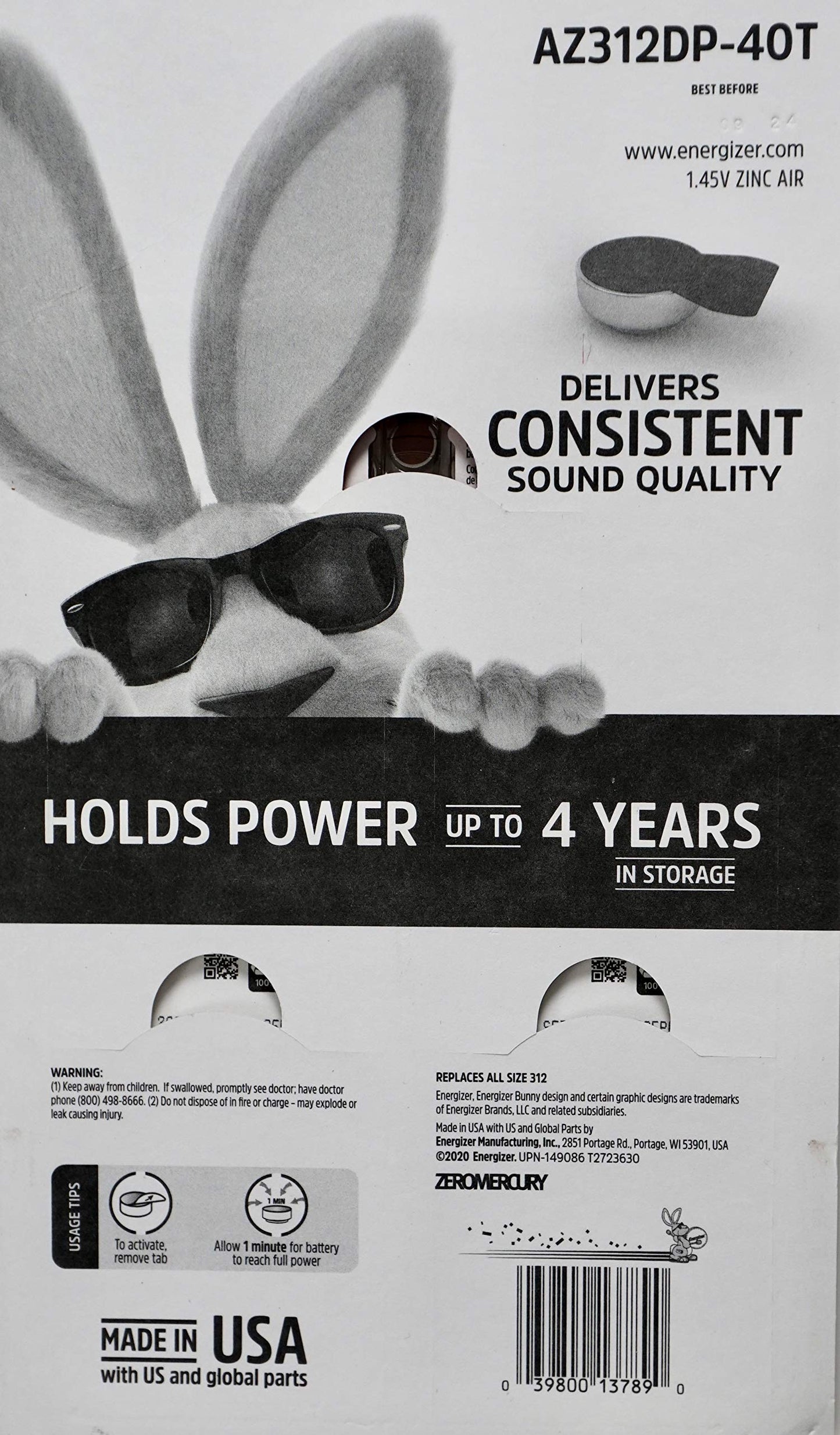 Energizer Zinc Air Hearing Aid Batteries, 312 Size, 40 Count