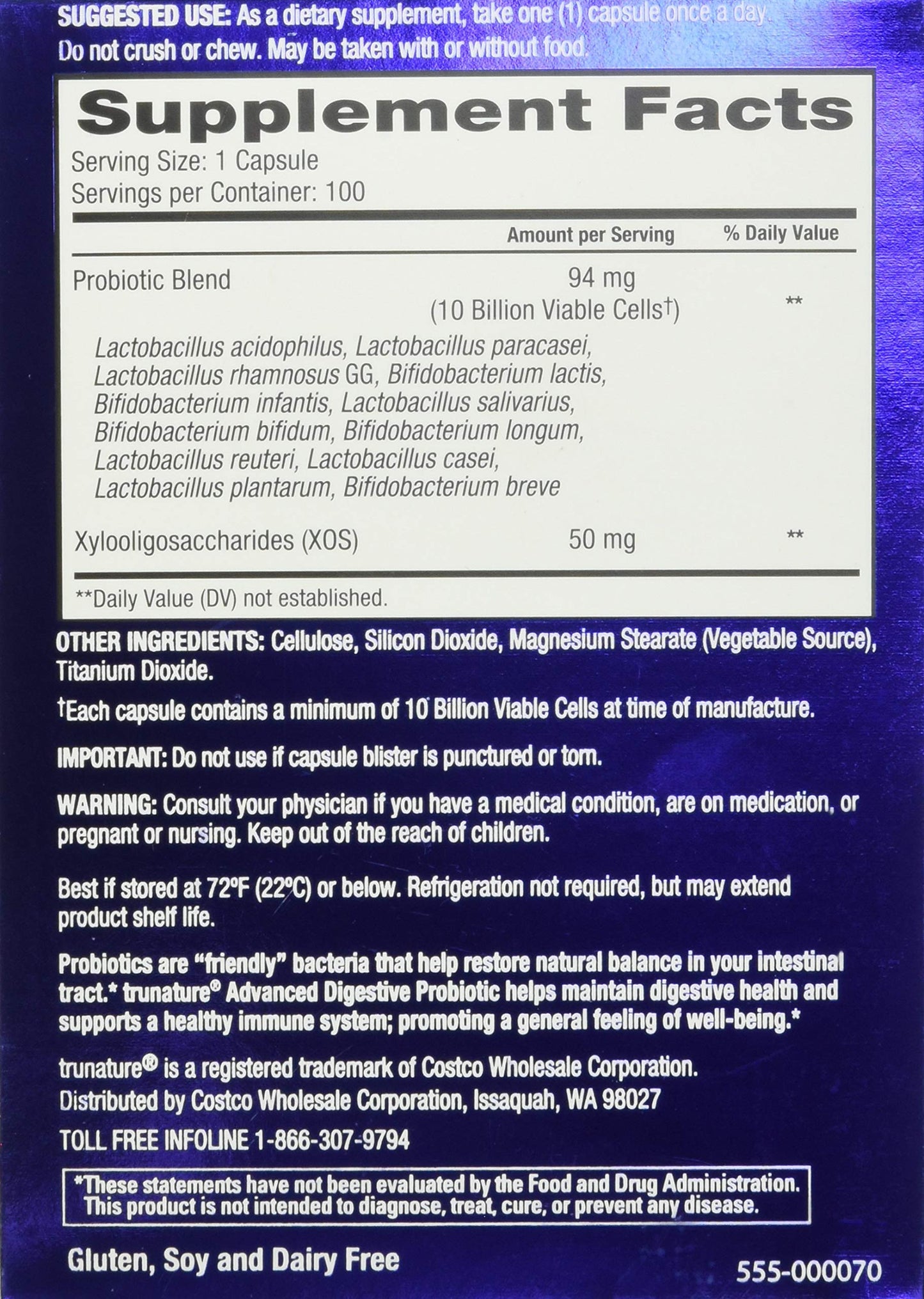 TruNature Advanced Digestive Probiotic, White, 100 Count