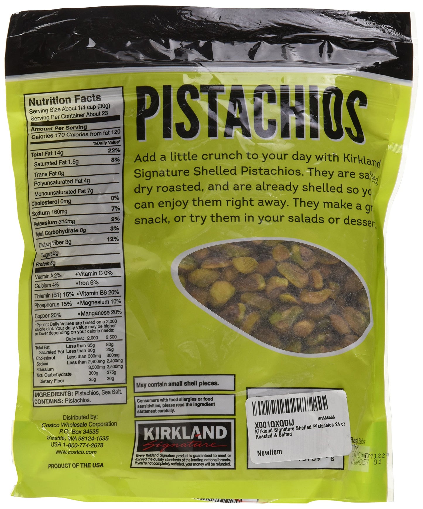 Kirkland Signature Nuts, Shelled Pistachios Roasted & Salted 24 Ounce (Pack of 1)