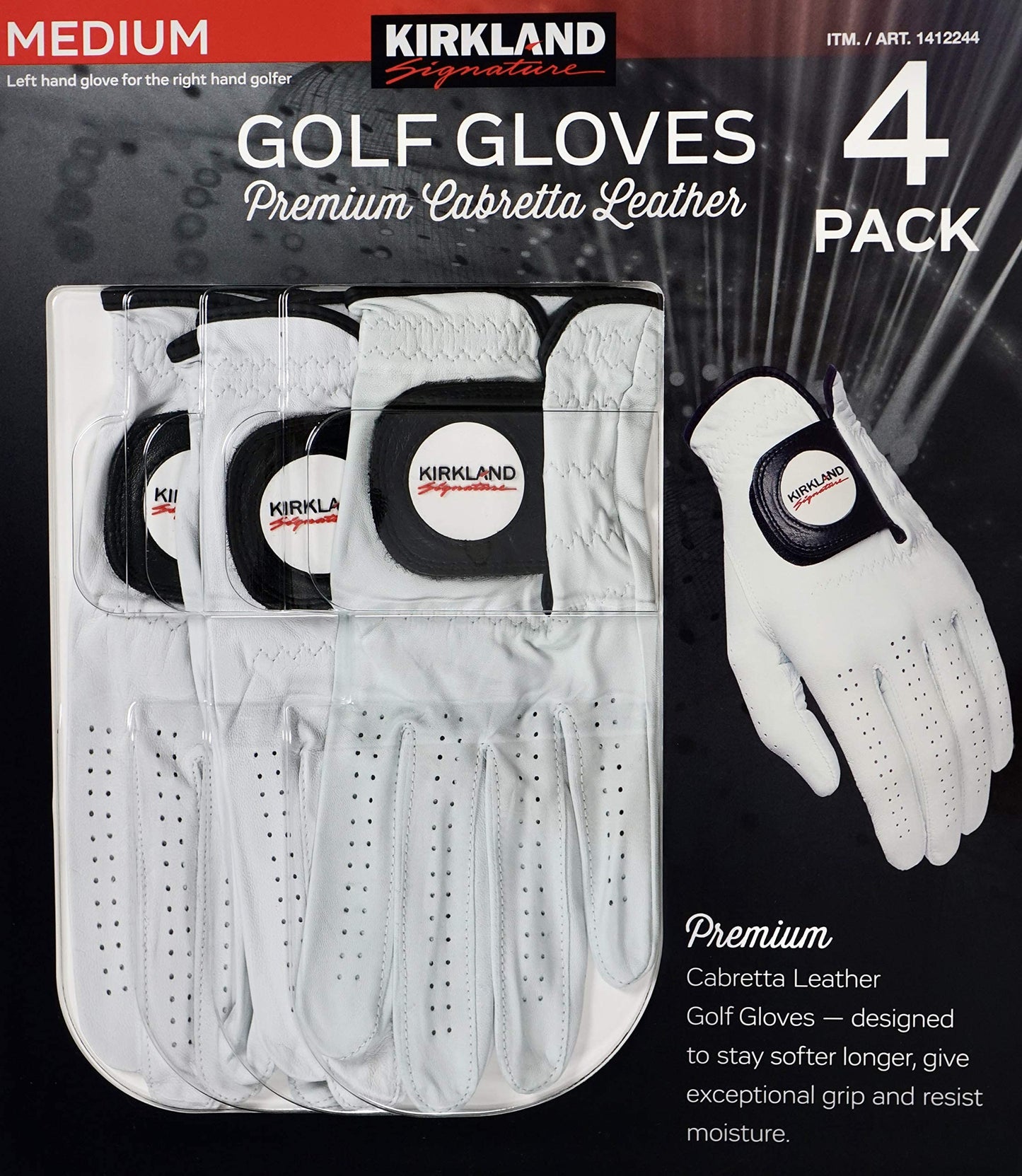 KIRKLAND SIGNATURE Golf Gloves Premium Cabretta Leather, Medium, 4 Pack