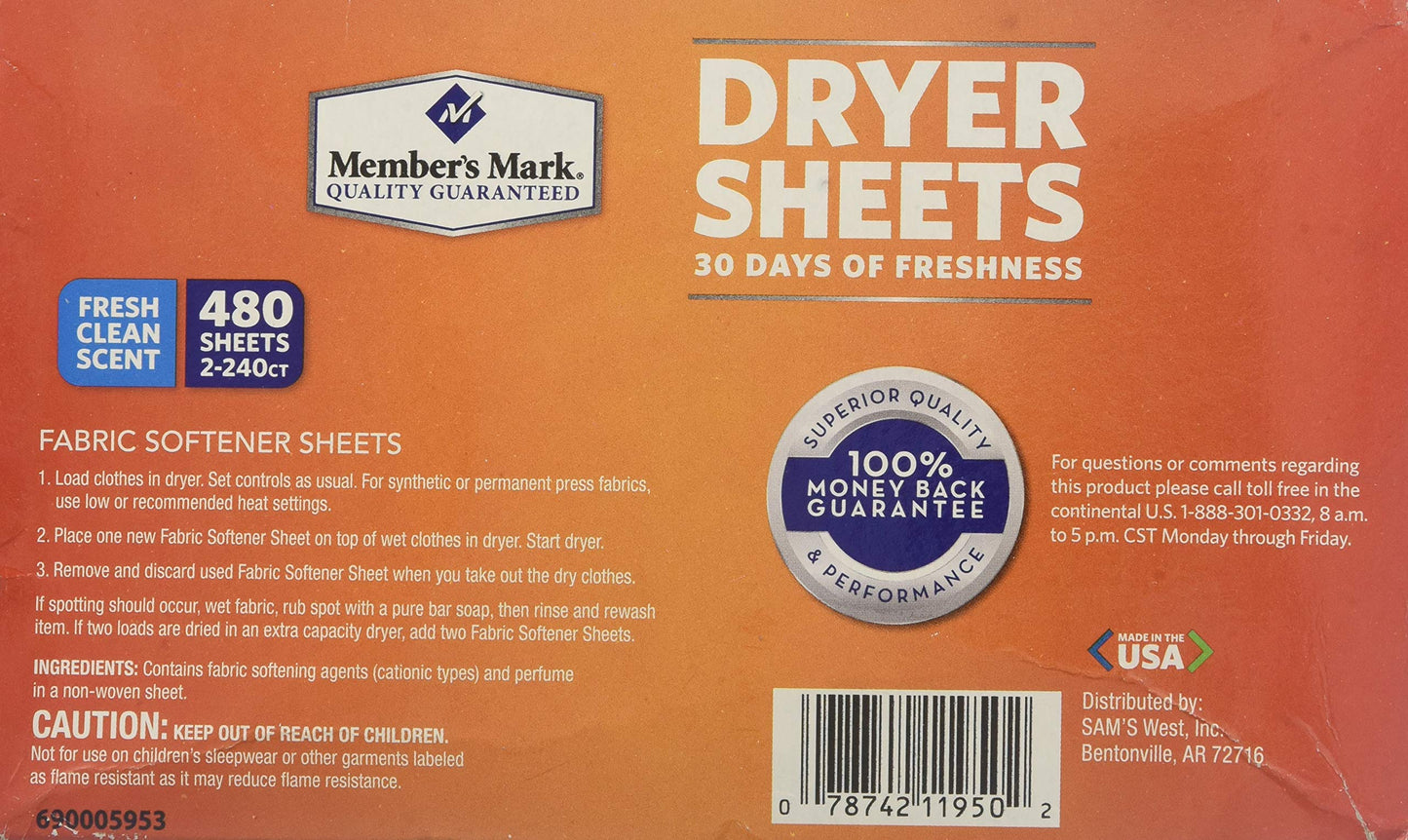 Members Mark Product of Fabric Softener Sheets, Fresh, 480 Count