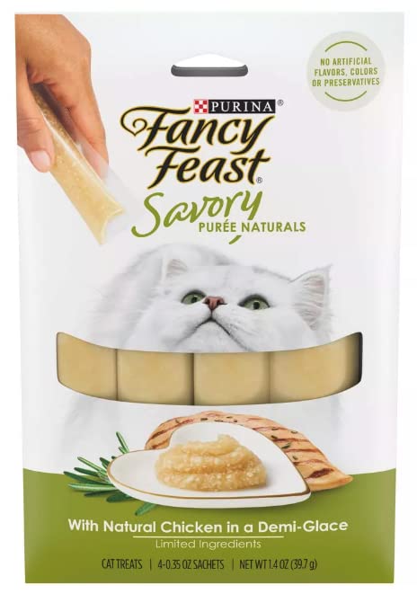 Healthier Paws Fancy Feast Savory Puree Naturals in a Demi Glace Wet Cat Food Treats 1.4oz Variety Flavors, 1 Tuna Flavor, 1 Salmon and Tuna Flavor, and 1 Chicken Flavor (Total of 3 Pack) Sticker