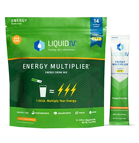 Liquid I.V. Hydration + Energy Multiplier - Yuzu Pineapple - Hydration Powder Packets | Electrolyte Drink Mix | Easy Open Single-Serving Stick | Non-GMO | 42 Sticks