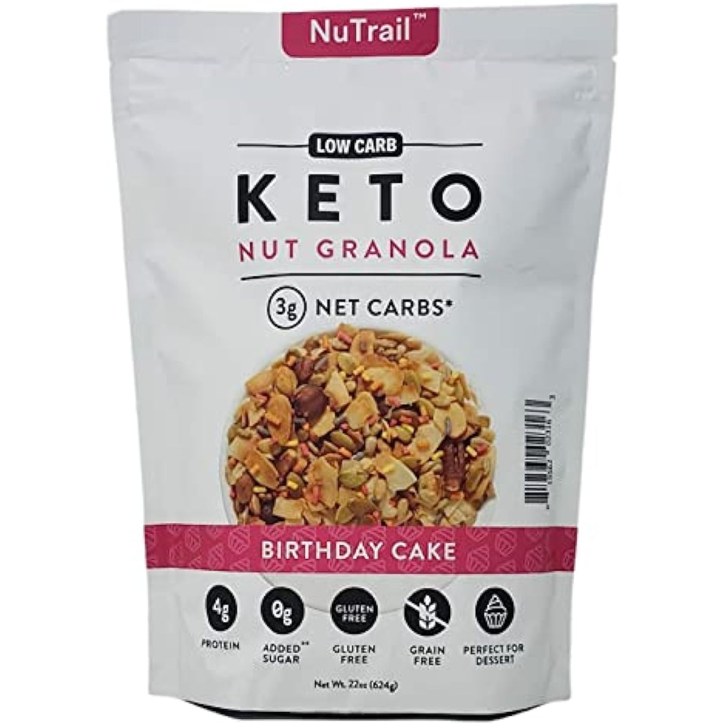 NuTrail Low Carb Keto Birthday Cake Nut Granola - Pack of 3 Bags - 22 oz Per Bag - 66 oz Total - Gluten Free, Grain Free, Non GMO, and No Added Sugar