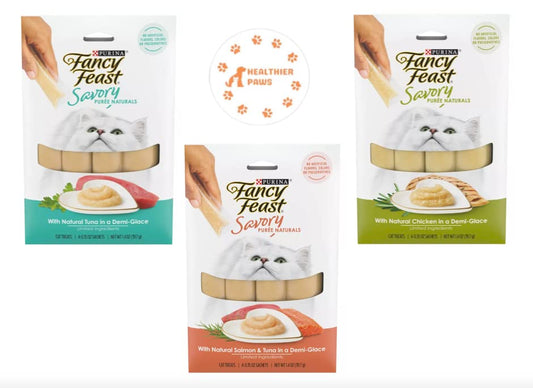 Healthier Paws Fancy Feast Savory Puree Naturals in a Demi Glace Wet Cat Food Treats 1.4oz Variety Flavors, 1 Tuna Flavor, 1 Salmon and Tuna Flavor, and 1 Chicken Flavor (Total of 3 Pack) Sticker