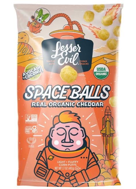 LesserEvil Space Balls Real Organic Cheddar Corn Puffs, USDA Organic, Gluten Free, 17 oz 1 Bag