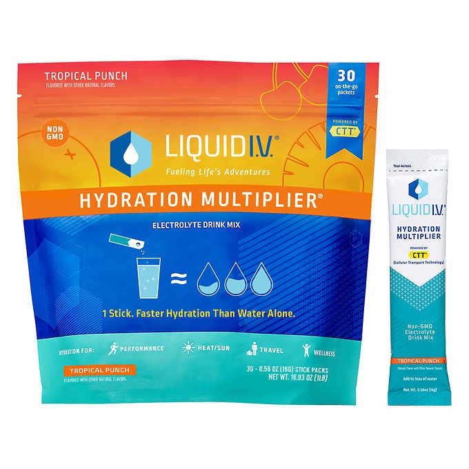 Liquid I.V. Hydration Multiplier, 30 Individual Serving Stick Packs in Resealable Pouch Tropical Punch flavor (1x30 packs)