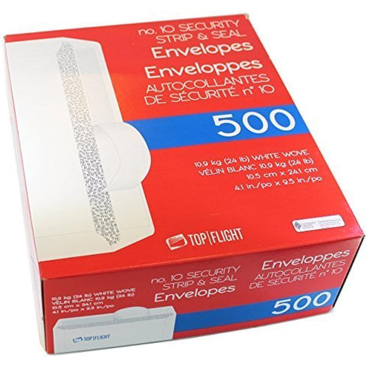 Top Flight PSTF10NWT #10 Envelopes, Strip & Seal, Security Tinted, White Paper, 24 lb, 500 Count (Pack of 3)