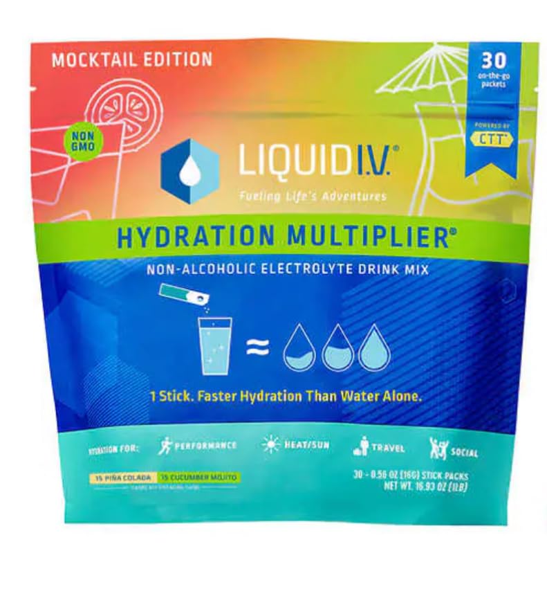 Liquid I.V. Hydration Multiplier, 30 Individual Serving Stick Packs in Resealable Pouch, Mocktail Variety Pack (15 Pina Colada & 15 Cucumber Mojito) Packed with HealthEmpire Poly Bag