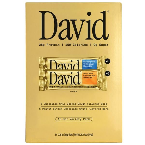 David High Protein Variety Pack Bars, 2.19oz (12 Count) - 28g Protein, 150 Calories, 0g Sugar - Gluten-Free & Low Carb Snack Bars in Chocolate Chunk Cookie Dough & Peanut Butter Chocolate Chunk