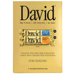 David High Protein Variety Pack Bars, 2.19oz (12 Count) - 28g Protein, 150 Calories, 0g Sugar - Gluten-Free & Low Carb Snack Bars in Chocolate Chunk Cookie Dough & Peanut Butter Chocolate Chunk