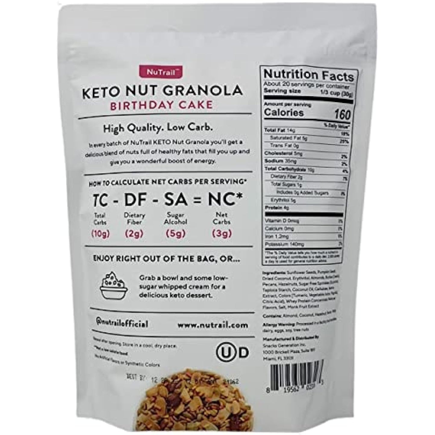 NuTrail Low Carb Keto Birthday Cake Nut Granola - Pack of 3 Bags - 22 oz Per Bag - 66 oz Total - Gluten Free, Grain Free, Non GMO, and No Added Sugar