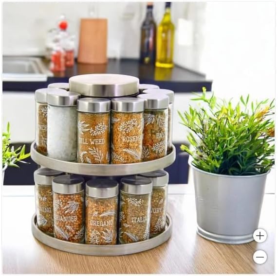 Kamenstein 20 Jar Revolving Countertop Spice Rack with integrated tool caddy Spices with removable shaker disc Included, FREE Spice Refills for 5 Years: Brushed Nickel