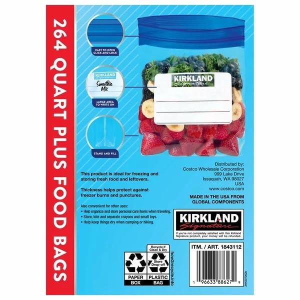 Kirkland Signature Freezer Quart Plus Food Bags Double Zipper, 264 Count