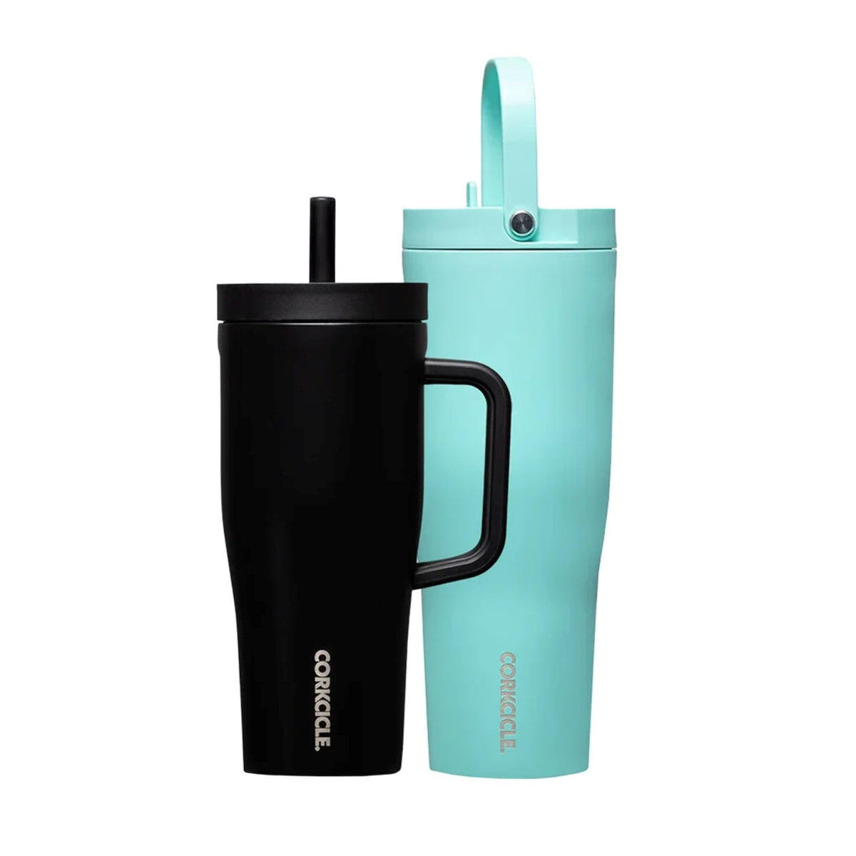 Corkcicle Leakproof Hydration Set, 2-Pack Go Cup XL (30oz) and Cruiser (22oz) Insulated Tumblers with Straws Black/Teal