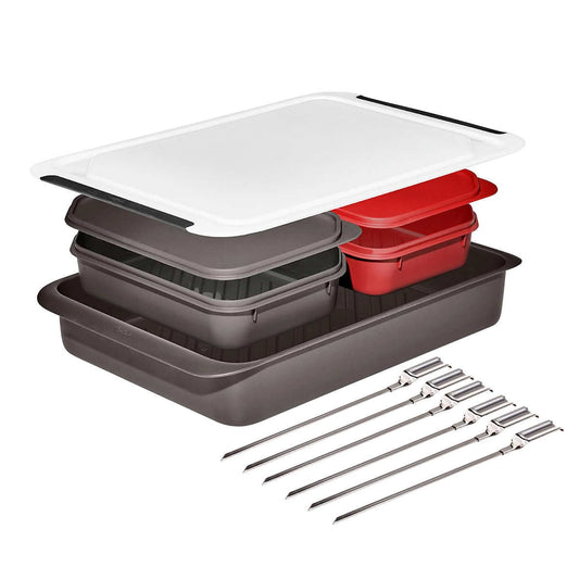 OXO SoftWorks Grilling Prep & Carry System, Dishwasher Safe, BPA Free, All-In-One, Color-Coded Trays with Lids, Deep Tray for Marinades/Oily Food, White/red/brown