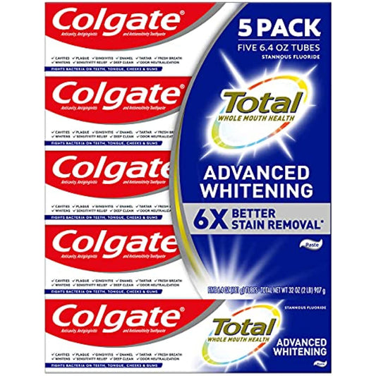 Colgate Total Advanced Whitening Toothpaste, 6.4 oz, 5-Pack | Vegan | Gluten Free | Responsibly Made | Sugar Free