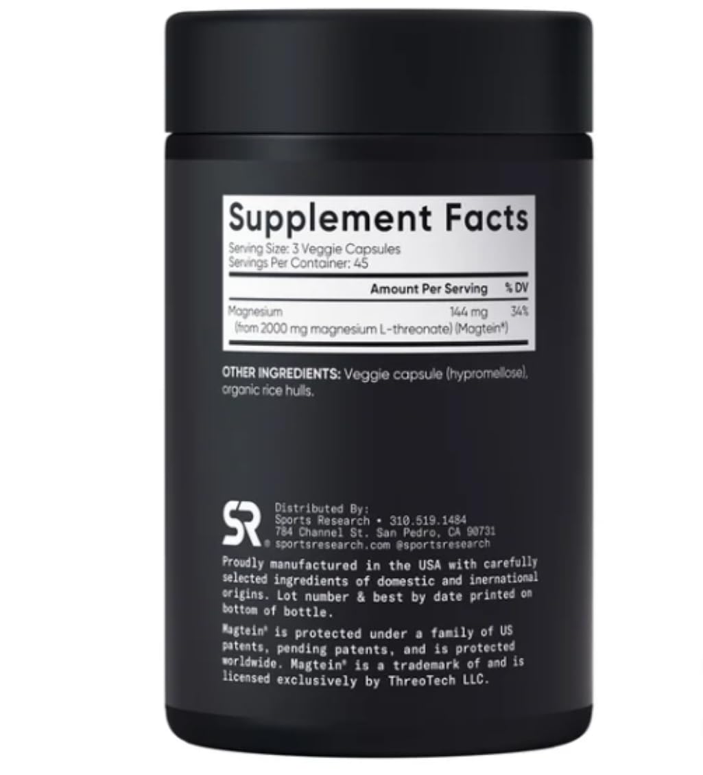 SPORTS RESEARCH Magtein Magnesium L- Threonate Advanced (2000 MG Magnesium L-Threonate 144 MG Elemental Magnesium Per Serving) 135 Veggie CapsulesPlus Bonus 2 Sugar Free White Peach Hydration Sticks