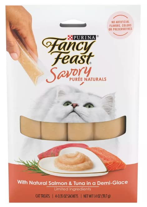 Healthier Paws Fancy Feast Savory Puree Naturals in a Demi Glace Wet Cat Food Treats 1.4oz Variety Flavors, 1 Tuna Flavor, 1 Salmon and Tuna Flavor, and 1 Chicken Flavor (Total of 3 Pack) Sticker