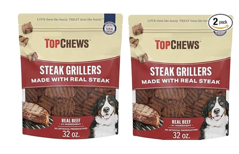 Top Chews Steak Grillers for Dogs, 32 oz - Made with Real Steak; Beef is The #1 Ingredient; No Artificial Flavors; No Artificial Preservatives - 2 Pack
