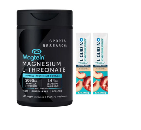 SPORTS RESEARCH Magtein Magnesium L- Threonate Advanced (2000 MG Magnesium L-Threonate 144 MG Elemental Magnesium Per Serving) 135 Veggie CapsulesPlus Bonus 2 Sugar Free White Peach Hydration Sticks