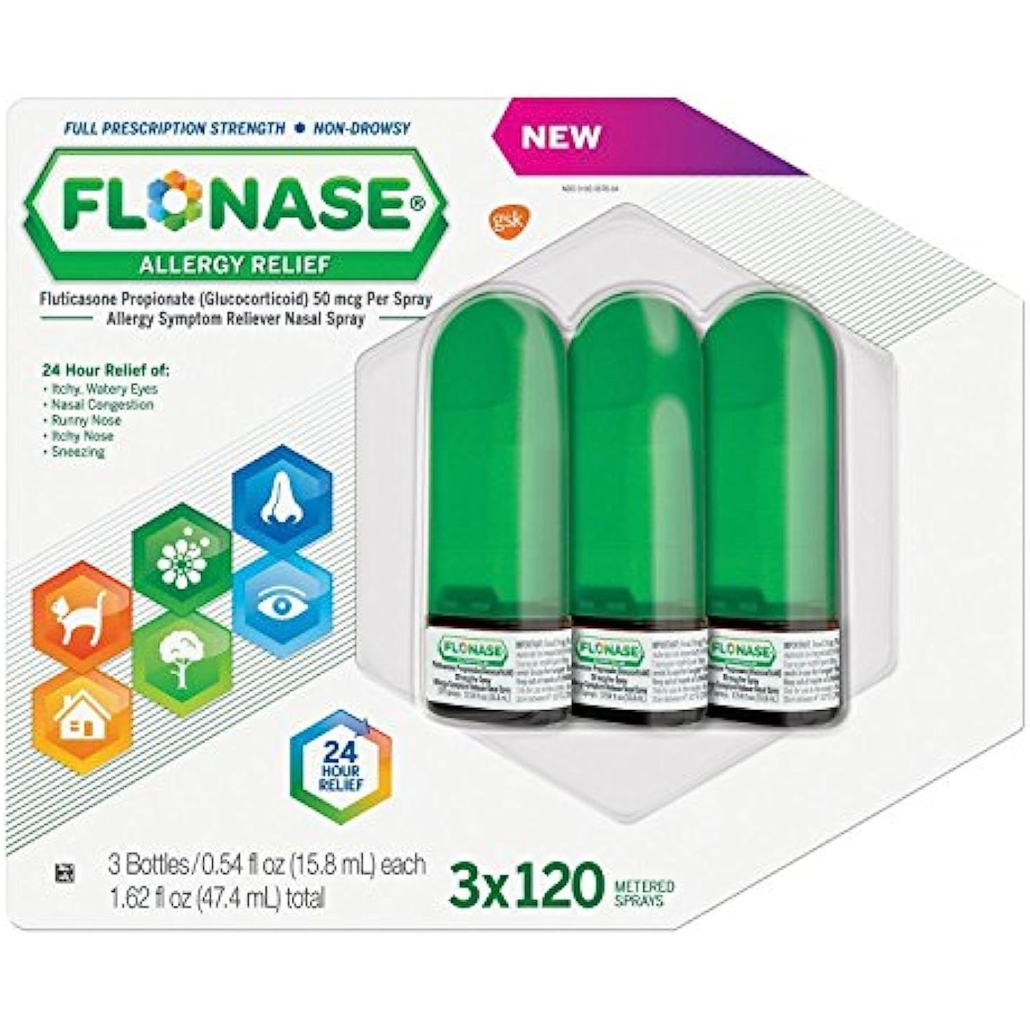 Flonase Allergy Relief Nasal Spray - 120 Metered Sprays - (Pack of 3) - Total 360 Sprays