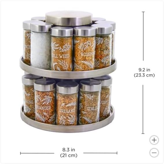 Kamenstein 20 Jar Revolving Countertop Spice Rack with integrated tool caddy Spices with removable shaker disc Included, FREE Spice Refills for 5 Years: Brushed Nickel