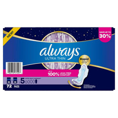 Always Ultra Thin Extra Heavy Overnight Pads with Wings, Size 5, 72 Count