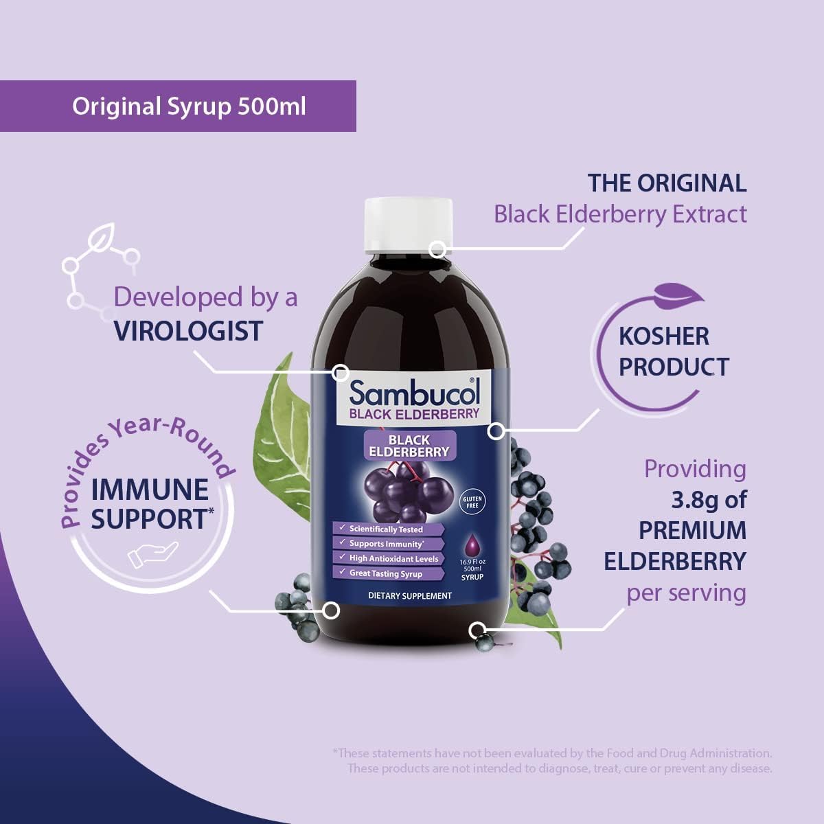 Sambucol Black Elderberry Syrup - Advanced Immune Support Supplement, Sambucus Elderberry Syrup for Kids & Adults, High Antioxidants, Gluten-Free, Vegan, Kosher, Naturally Flavored - 16.9 Fl Oz