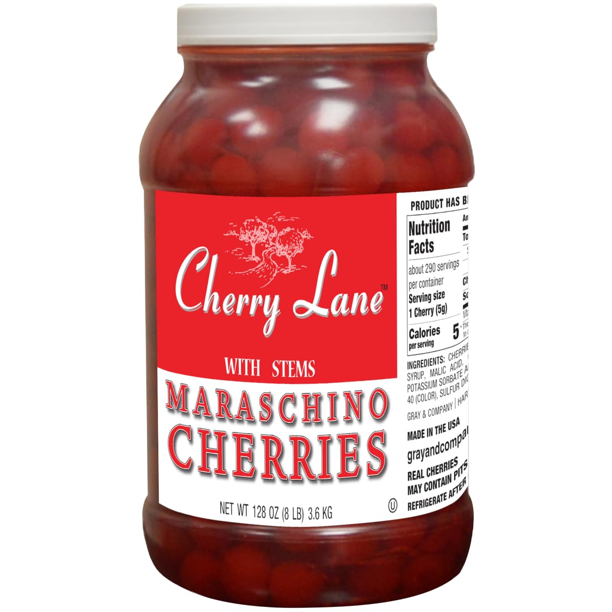 Cherry Lane Maraschino Cherries with Stems, 1 Gallon Jar – Bright Red Plump Cherries for Cocktails, Desserts, & Sundaes – Professional Grade Garnish – Sweet Syrup Infused – 128 fl oz