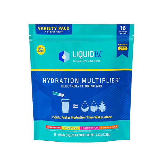 Liquid I.V. Hydration Multiplier Variety Pack � Lemon Lime, Passion Fruit, Strawberry, Tropical Punch - Hydration Powder Packets | Electrolyte Drink Mix | 16 Sticks
