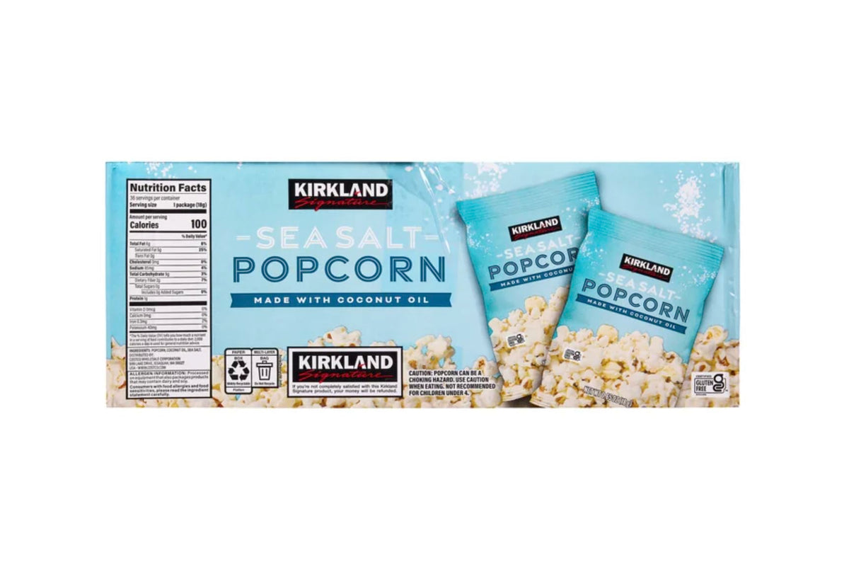 Kirkland Signature Sea Salt Popcorn, 0.65 oz Individual Bags, 36 Count, Gluten Free Kosher Snack Packs, Made with Coconut Oil