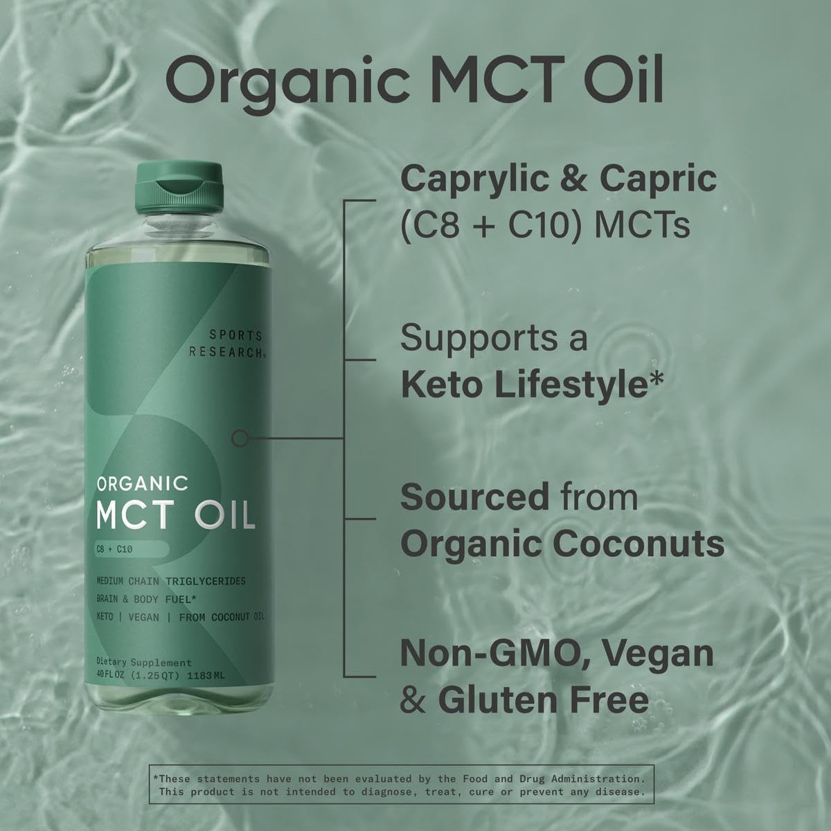 Sports Research Organic MCT Oil - Keto & Vegan MCTs C8, C10 from Coconuts - Fatty Acid Brain & Body Fuel, Non-GMO & Gluten Free - Flavorless Oil, Perfect in Coffee, Tea & Protein Shakes - 40 oz