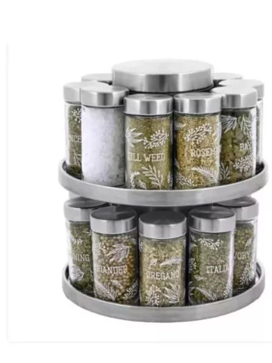 Kamenstein 20 Jar Revolving Countertop Spice Rack with integrated tool caddy Spices with removable shaker disc Included, FREE Spice Refills for 5 Years: Brushed Nickel