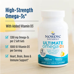 Nordic Naturals Ultimate Omega-D3,1280mg + 1000IU D3, Lemon - 90 Count | Omega-3 Fish Oil with EPA & DHA + Vitamin D3. Supports brain, heart & immune health. Lemon flavor. 45 servings. 2 per day.