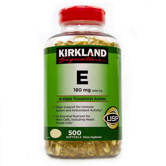 Kirkland Signature Vitamin E 400 I.U. 500 Softgels, Bottle, Yellow