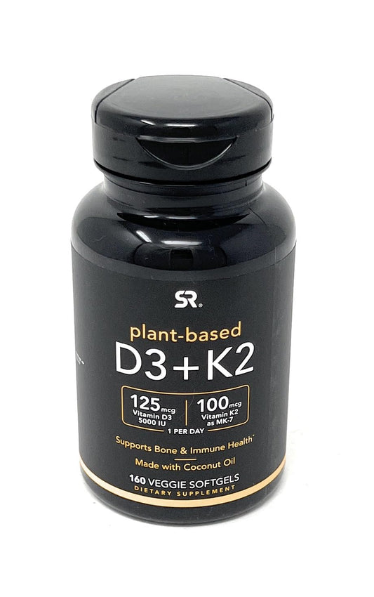 Sports Research Vitamin D3 K2 with 5000iu of Plant-Based D3 & 100mcg of Vitamin K2 as MK-7, Non-GMO Verified & Vegan Certified - 160 Liquid Softgels