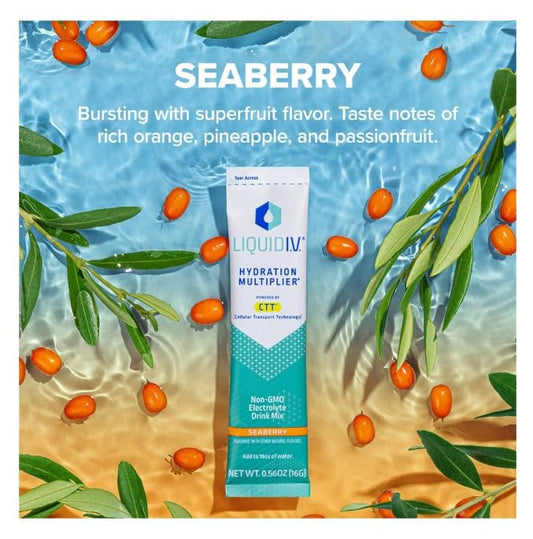 Liquid I.V. Hydration Multiplier, 30 Stick Packs, Seaberry (3 Packs Total)
